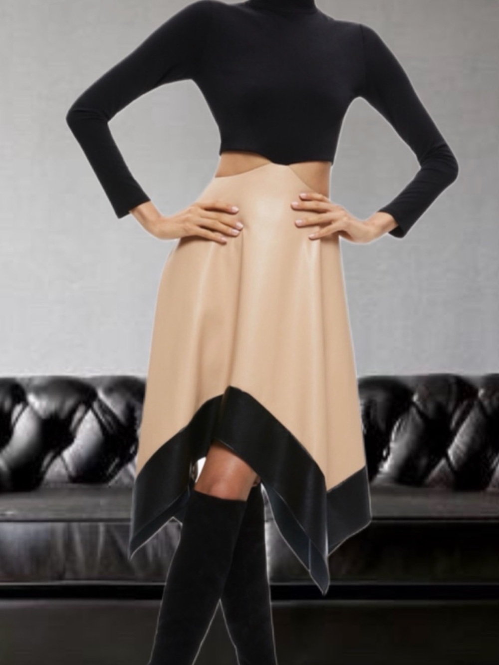 Alice + Olivia Beige and Asymmetrical Hem Dress with Cutouts